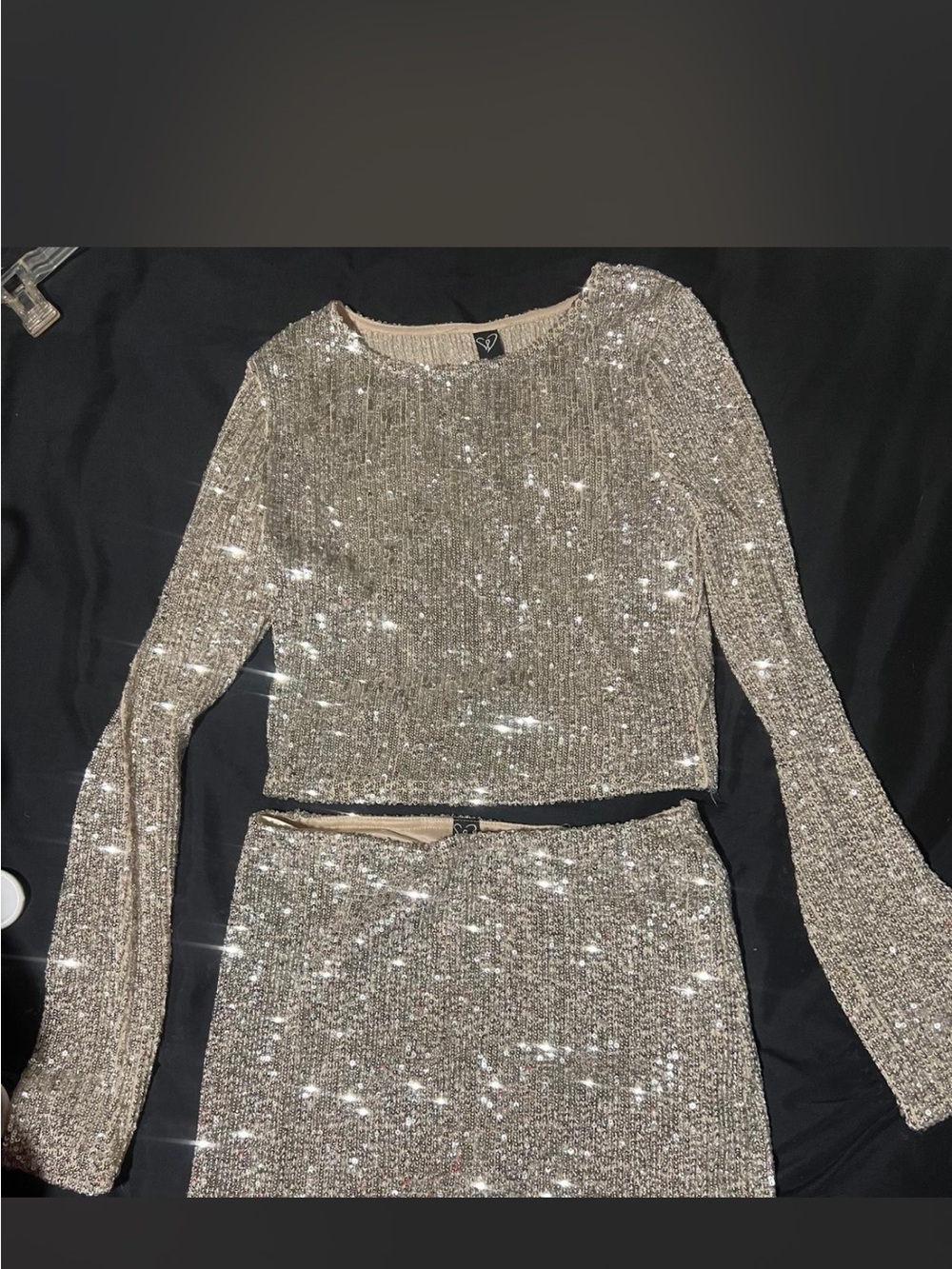 Sequin Long-Sleeve Crop Top in Champagne - Brand